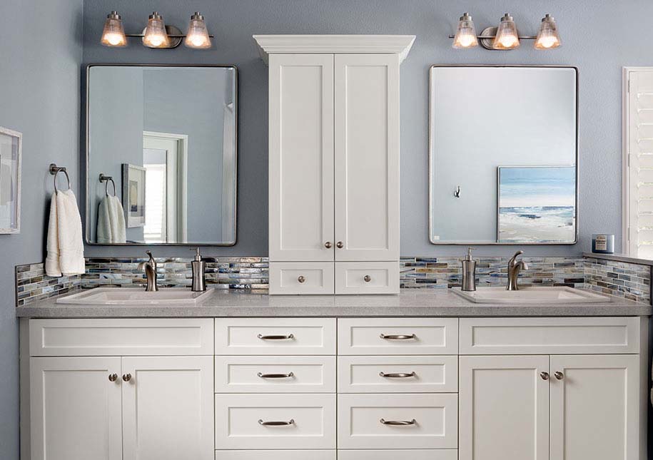 White bathroom cabinets, two mirrors and two sinks - x-large photo